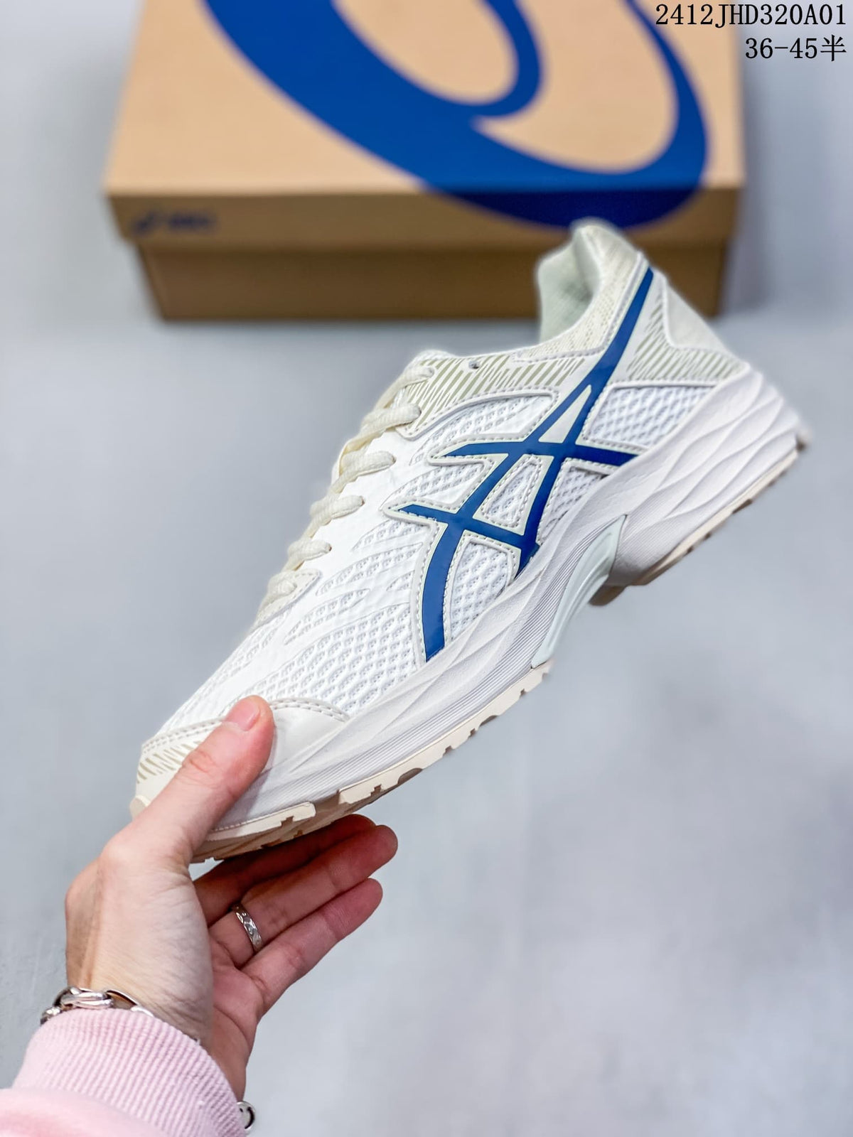 Side view of the shoe with blue ASICS stripes and a white midsole.