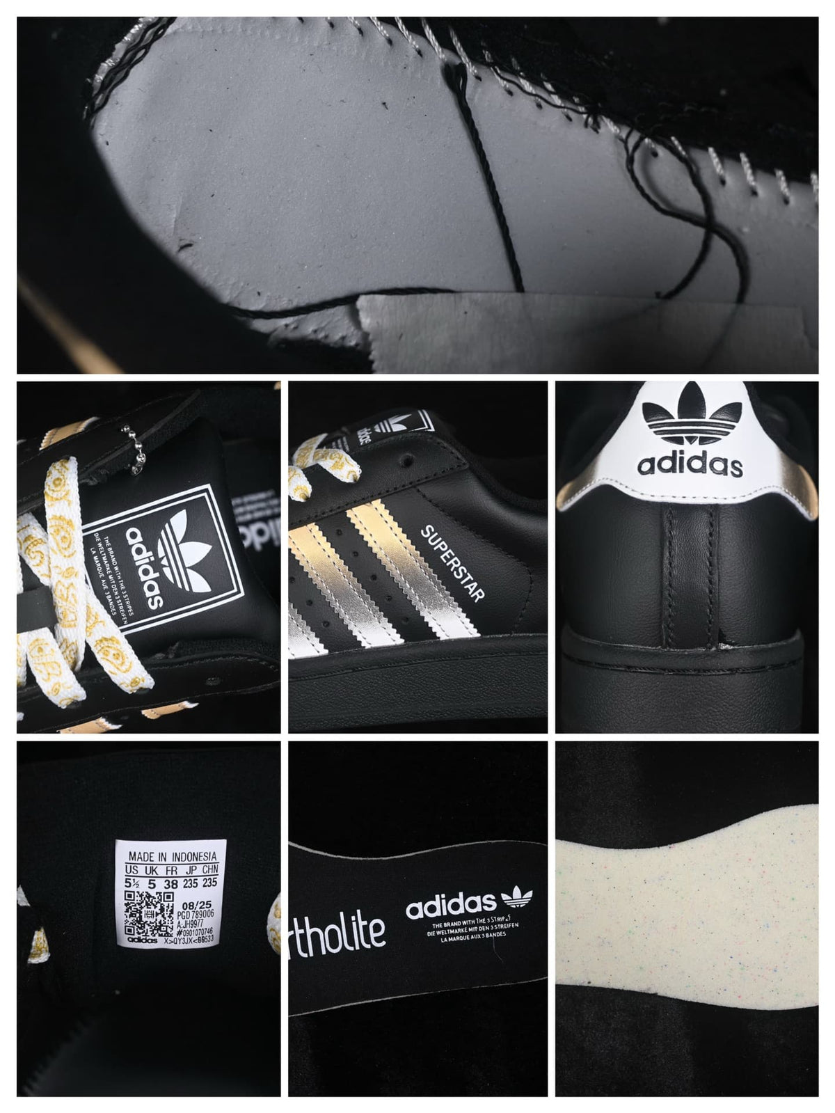 Detail collage showing the shoe construction, branding, insole, outsole, and a label marked Made in Indonesia.