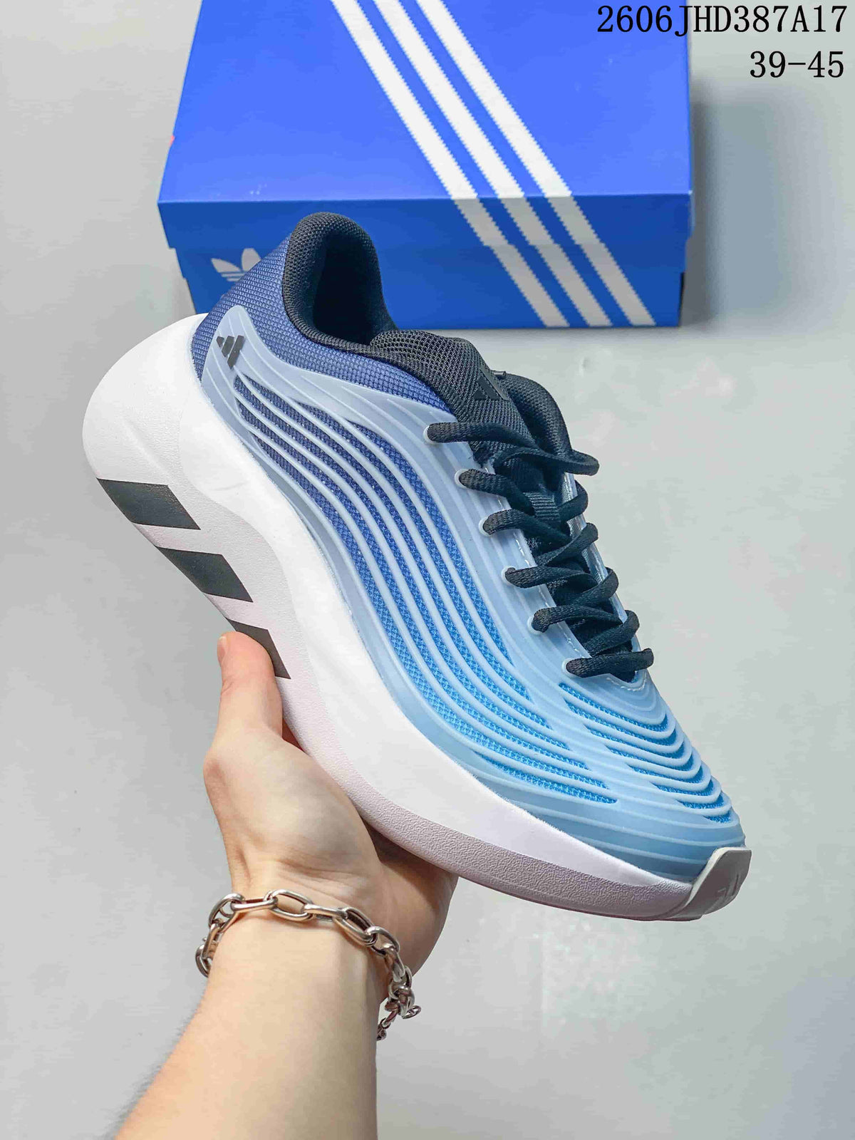 Angled side view of the blue and white sneaker with dark laces