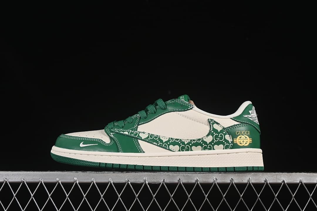 Side view of a cream and green low-top sneaker with repeating patterned side panels.