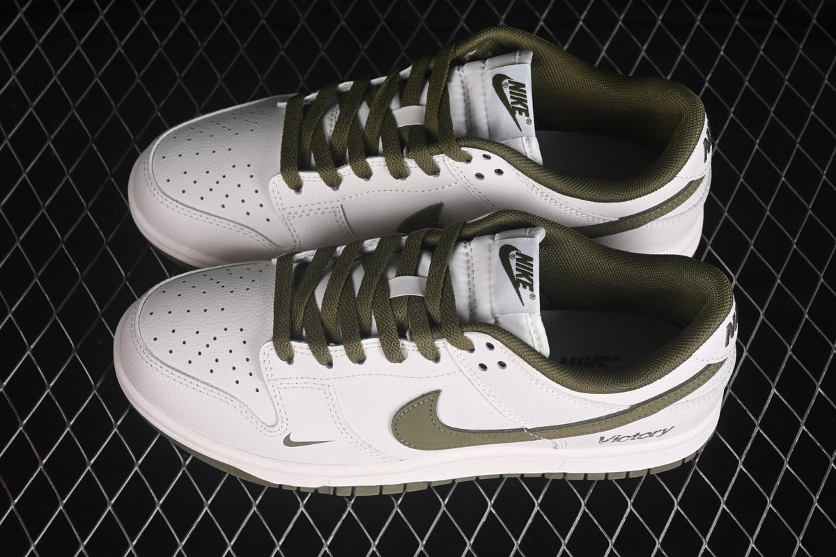Top angled view of the pair showing perforated toe boxes, olive laces, collars, and Swoosh details.