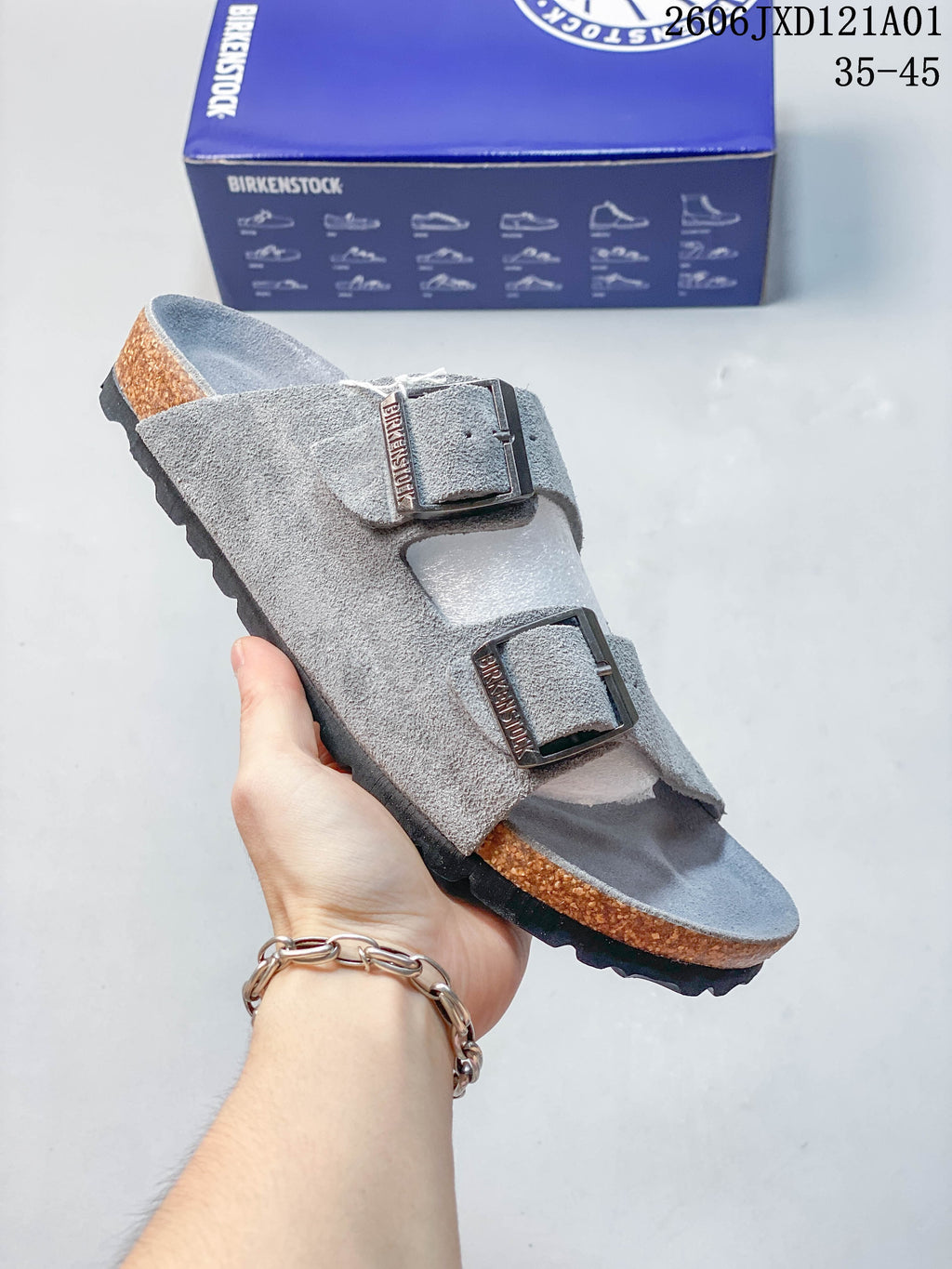Angled view of a gray Arizona BS sandal highlighting its straps and footbed