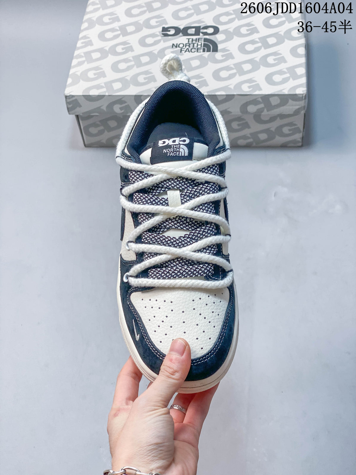 Top view of the perforated toe, patterned tongue, and thick rope-style laces.