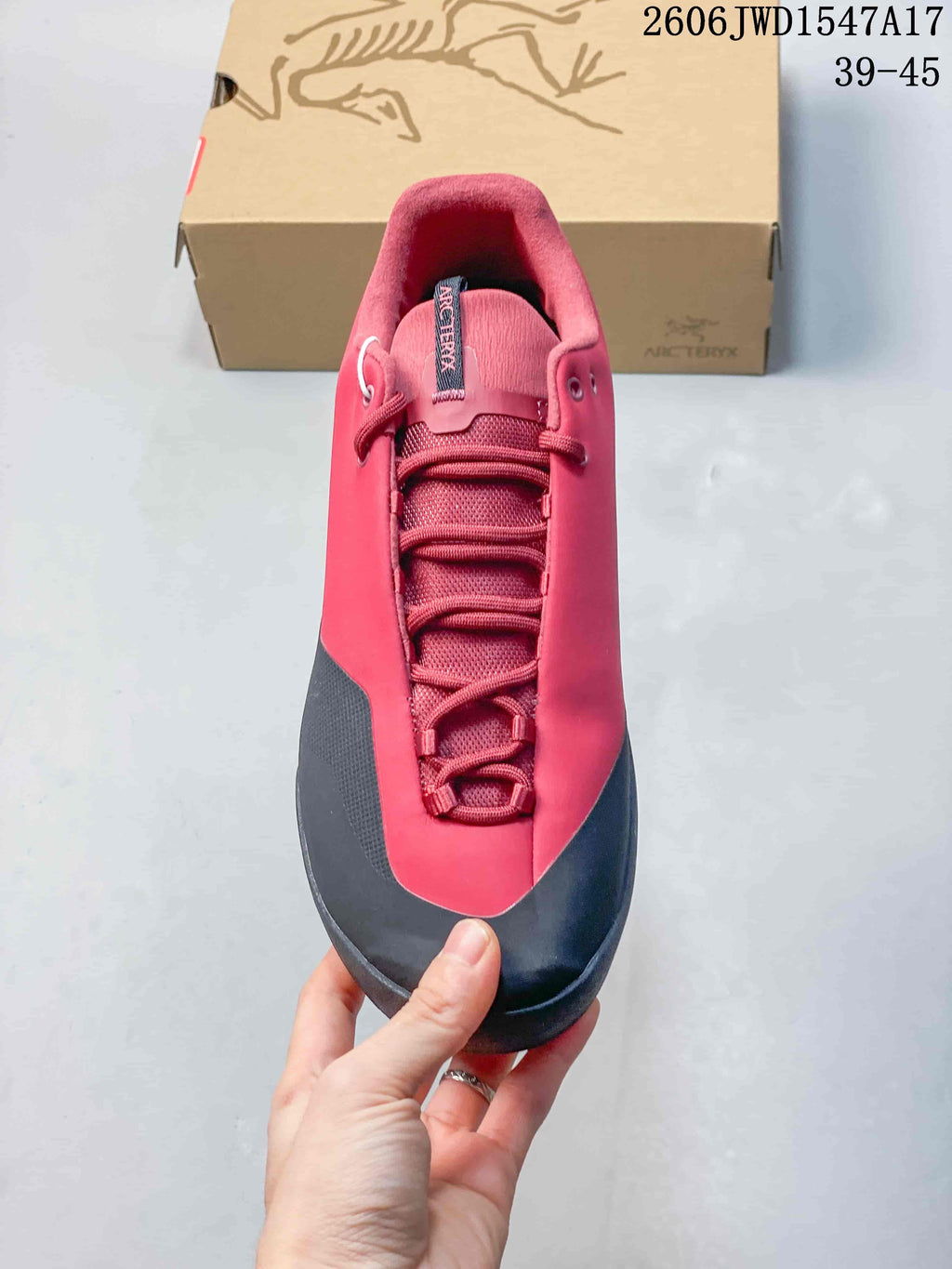 Top view showing the lace-up front and reinforced toe area