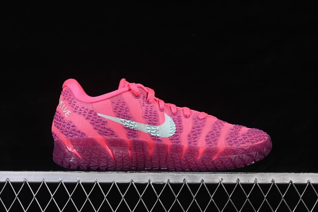 Side view of a shoe showing the patterned upper and light-colored Swoosh