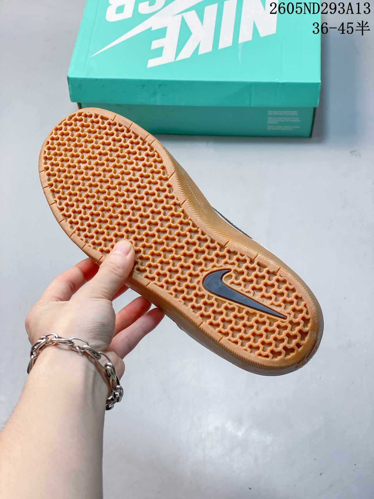 Close-up of the gum-colored patterned outsole on a Nike SB Force 58 shoe