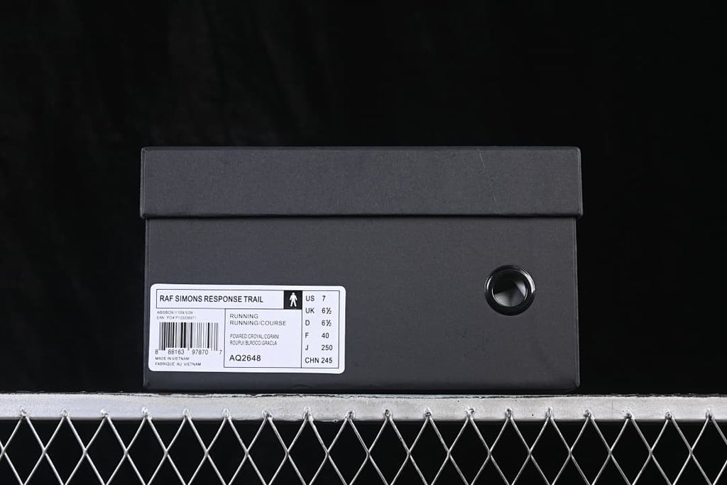 Black shoe box with a RAF SIMONS RESPONSE TRAIL label and sample size