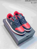 Pair of navy and red Jordan Court Connect low-top sneakers on a shoebox