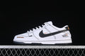 Side view of a white low-top sneaker with black laces, a black swoosh, contrast stitching, and outdoor-themed graphics.