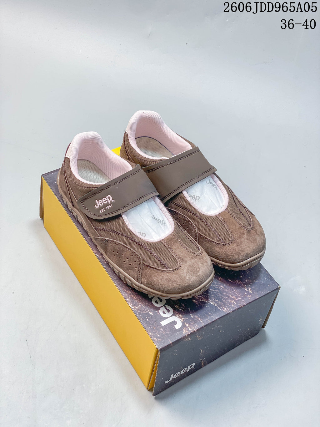 Pair of taupe Jeep Mary Jane-style casual shoes with hook-and-loop straps.