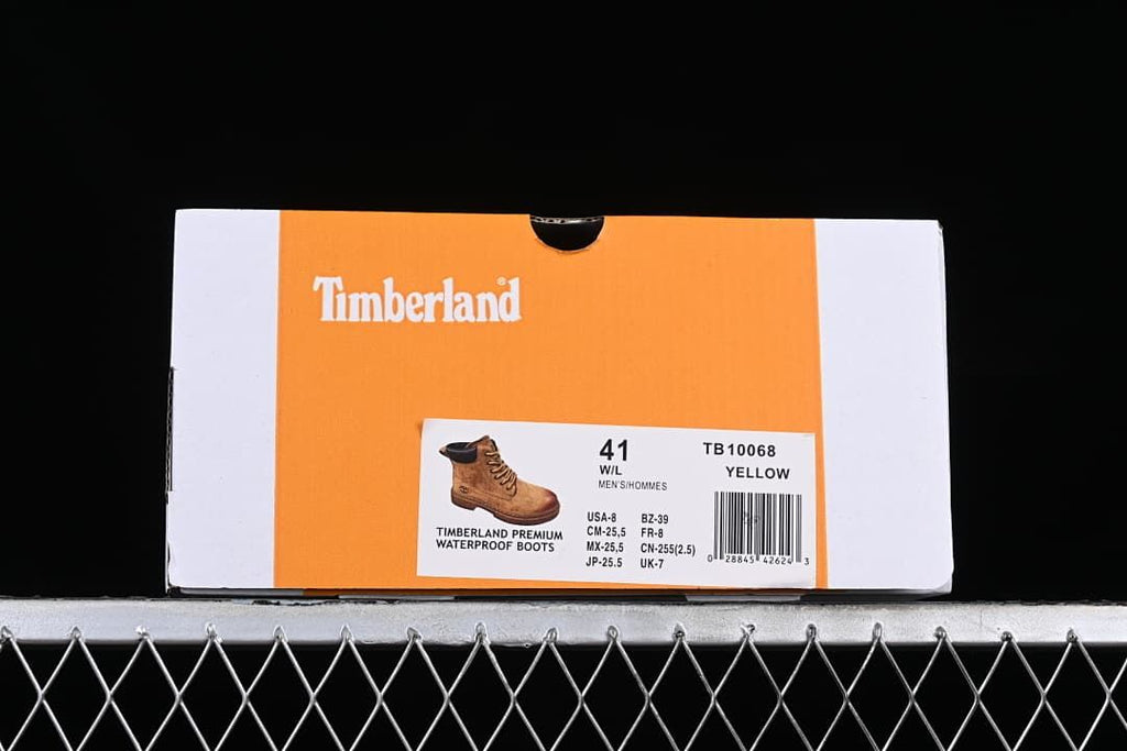 Boot box label showing Timberland, model TB10068, yellow, and sample size 41