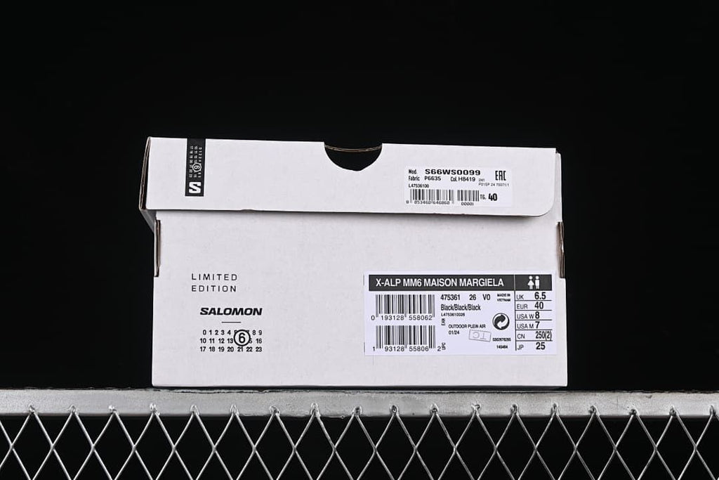 Shoebox label showing X-ALP MM6 Maison Margiela and sample size details