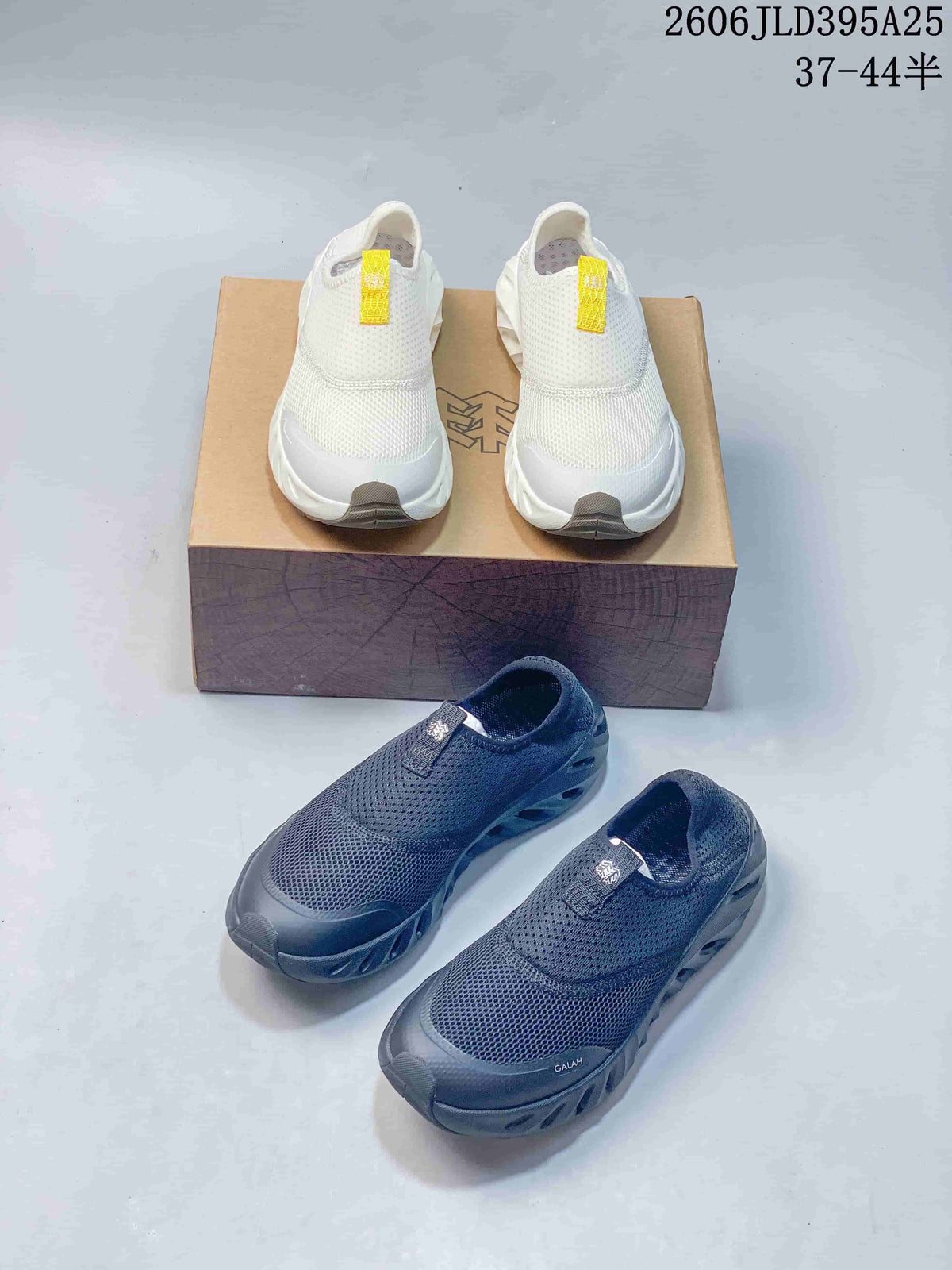White and dark gray KOLON SPORT Galah slip-on shoes shown together; image overlay lists sizes 37–44.5.