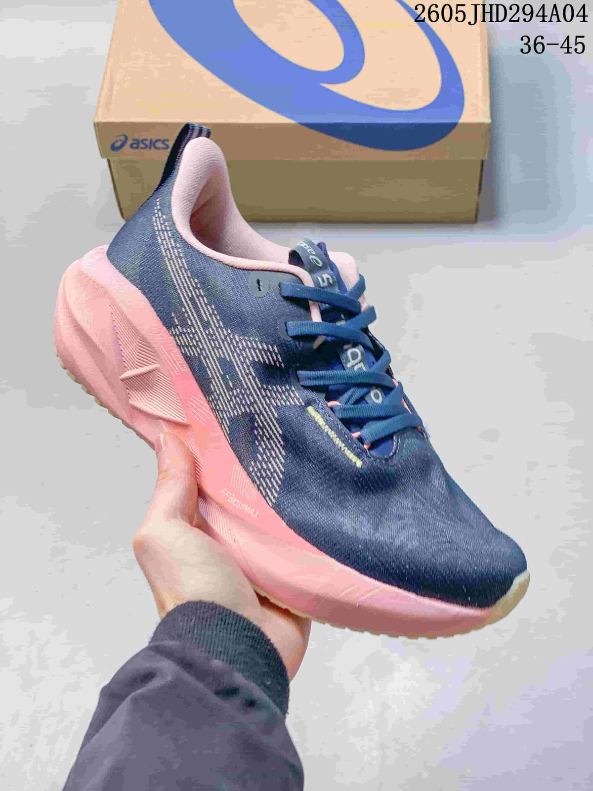 Navy and pink ASICS NOVABLAST 5 LE running shoe, side view