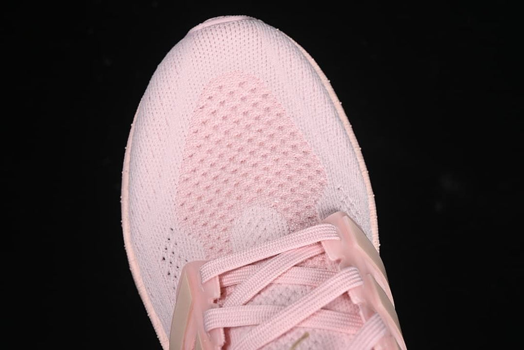 Top view of the knit-look toe and lacing