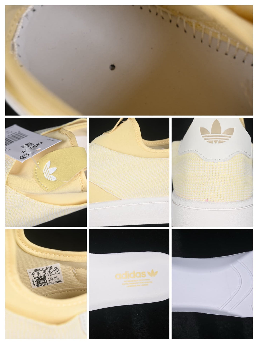 Detail collage showing the upper stitching, Trefoil branding, inner label and outsole.