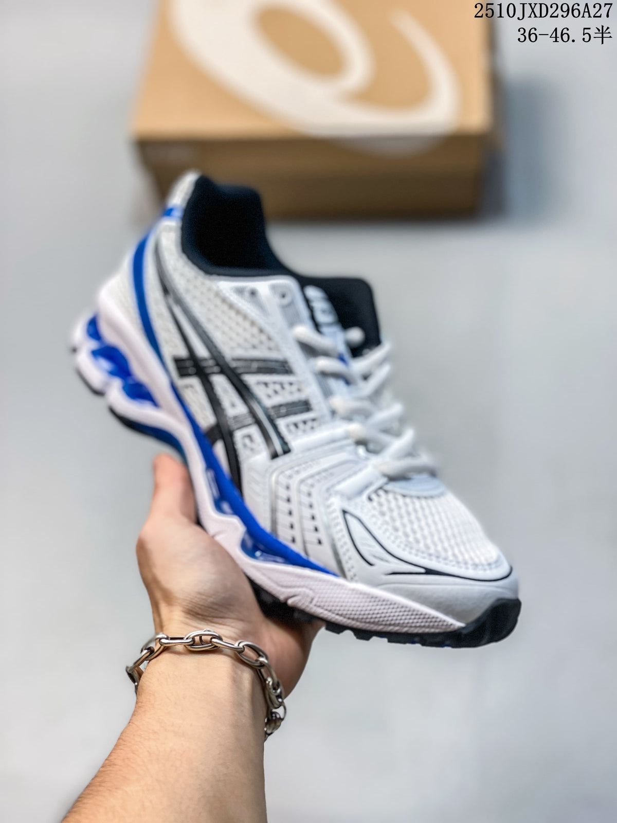 White and silver mesh sneaker with black and blue accents, held in hand.