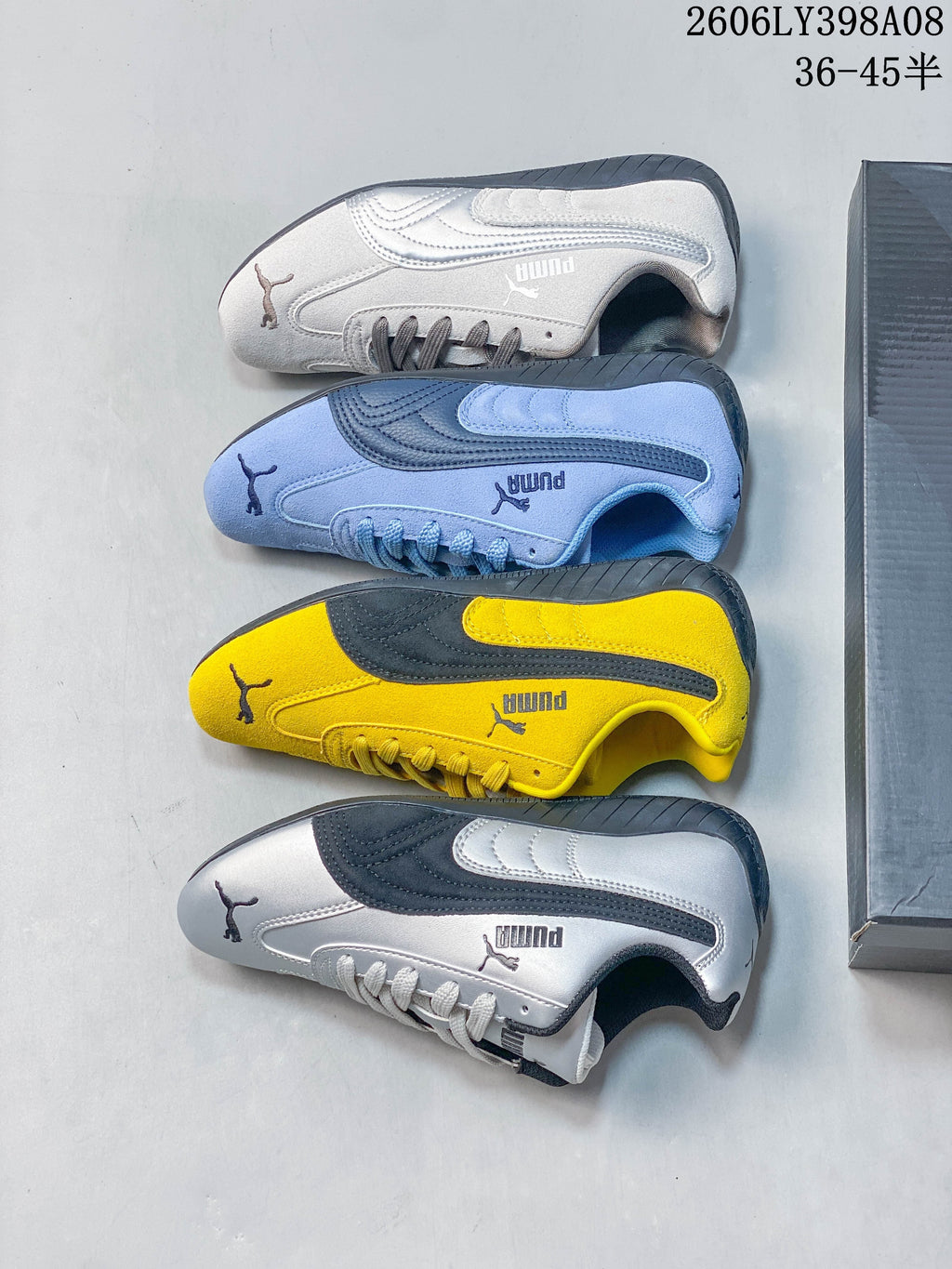 Four PUMA Speedcat OG sneakers shown in silver, light blue, yellow and silver colorways