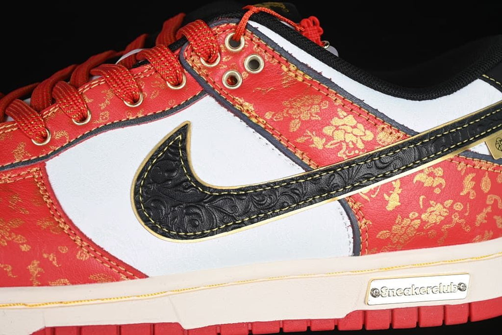 Close-up of the patterned panels, textured black side Swoosh, and decorative side plate
