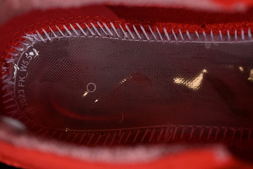 Interior view of the sneaker upper and visible stitching