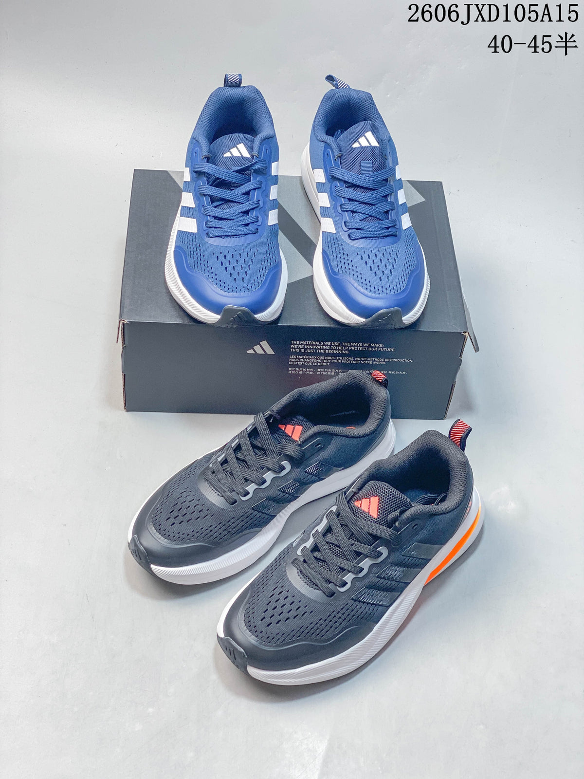 Blue and charcoal-gray Adidas Ultrabounce shoes shown together