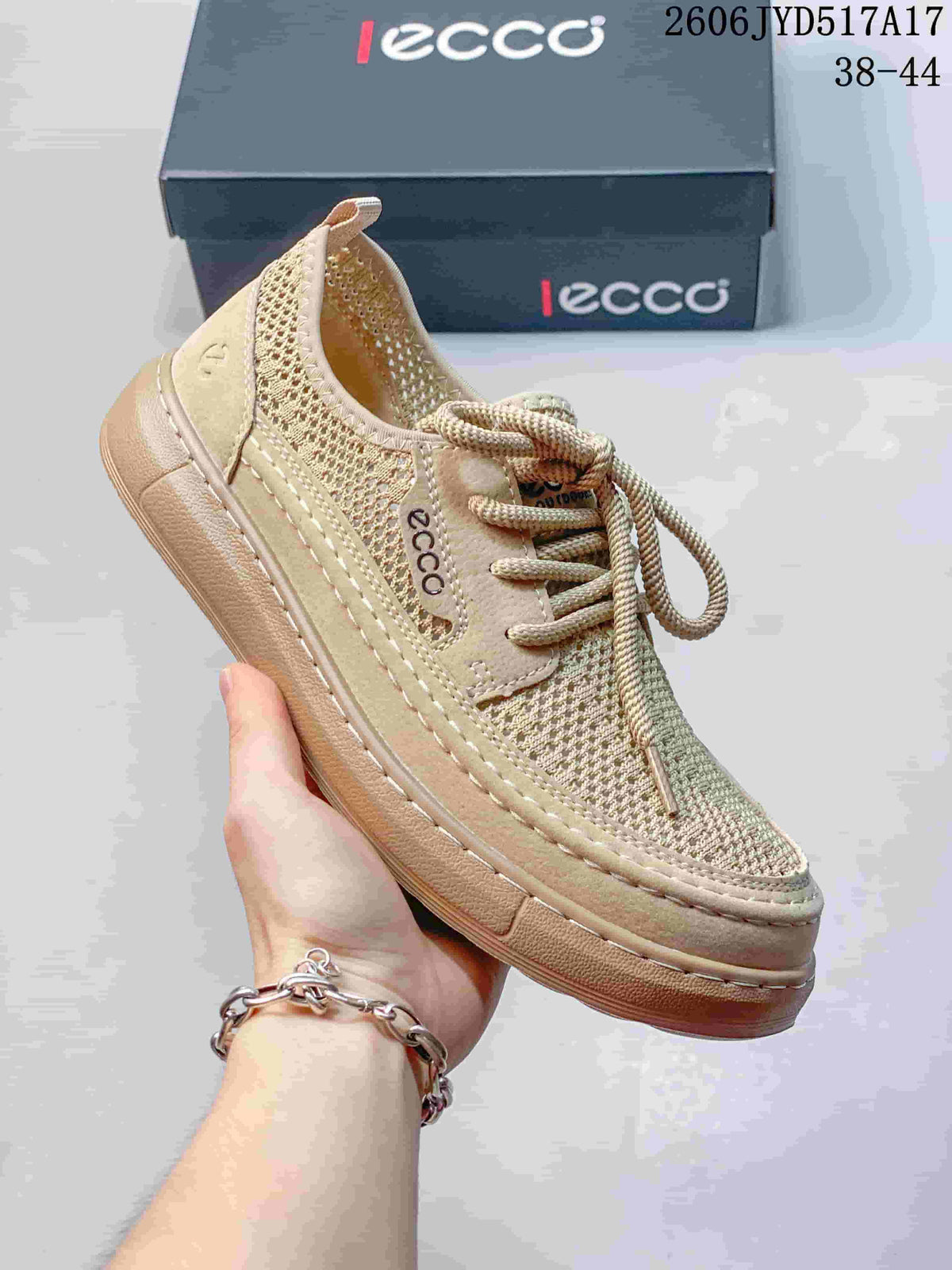 Side view of a light beige ECCO-branded lace-up shoe with stitched overlays.