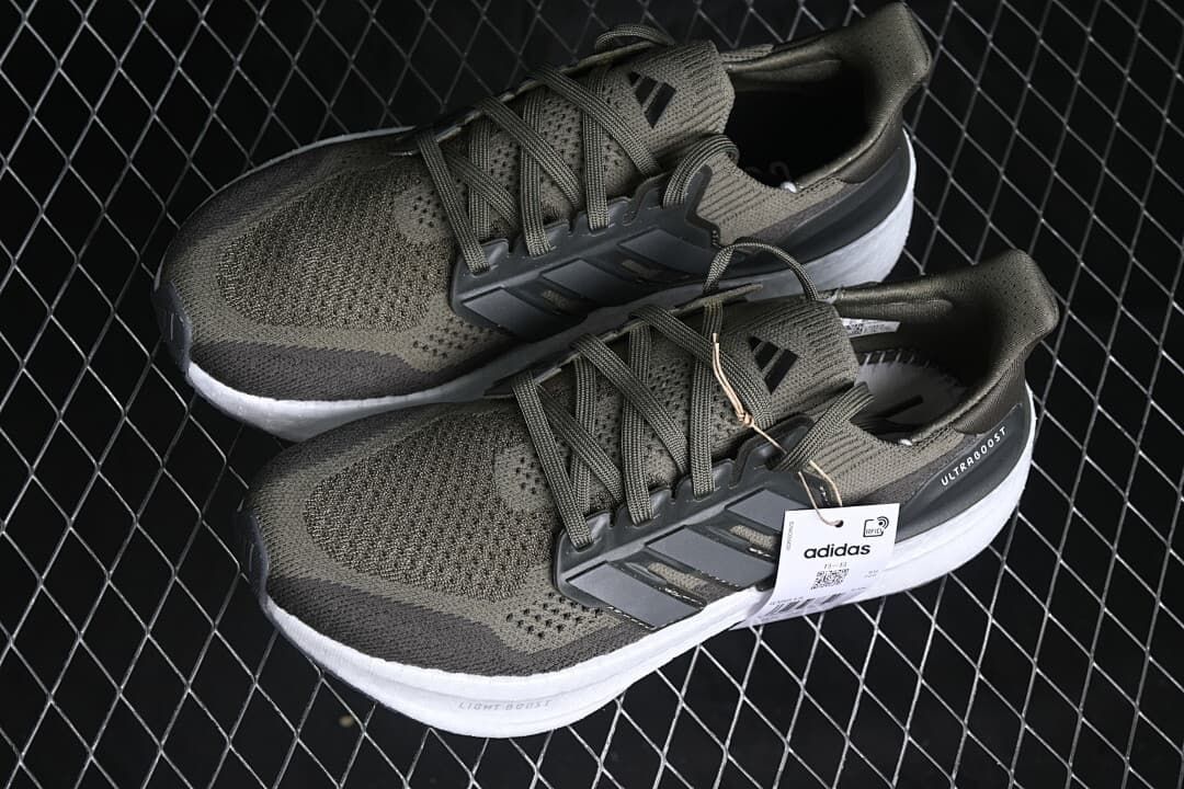 Pair of olive Ultraboost 5X shoes displayed from above at an angle