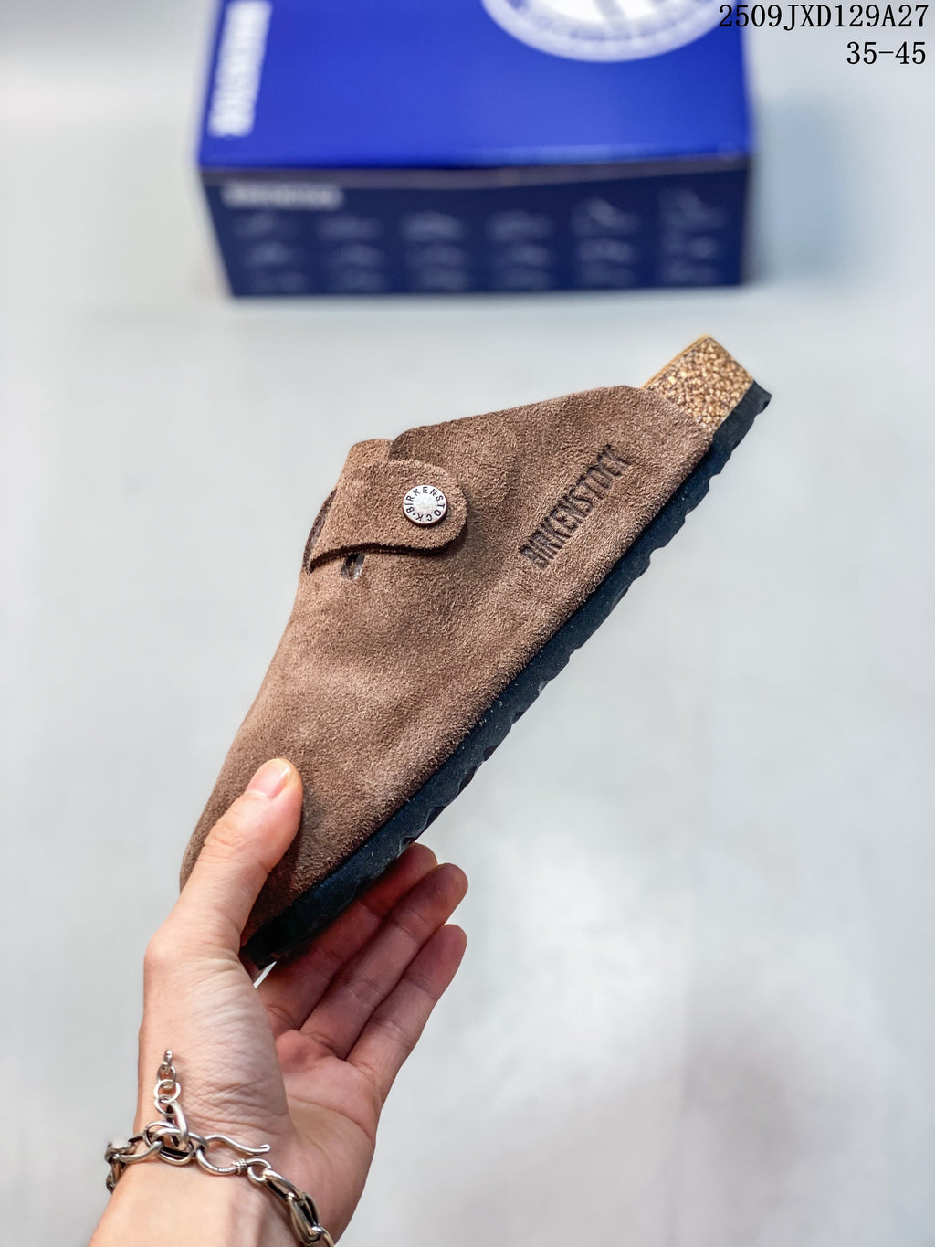 Side profile of the brown closed-toe clog with buckle strap