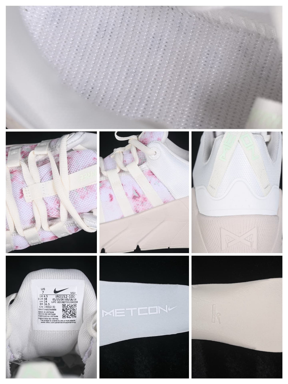Close-up collage showing the mesh texture, lacing, heel details, and the interior size label of the sneakers.