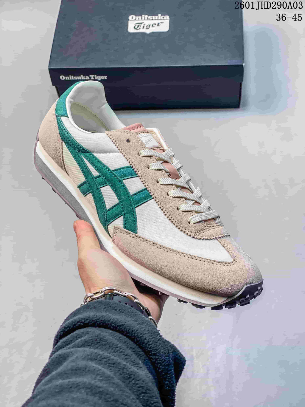White and beige Onitsuka Tiger EDR 78 sneaker with teal side stripes.