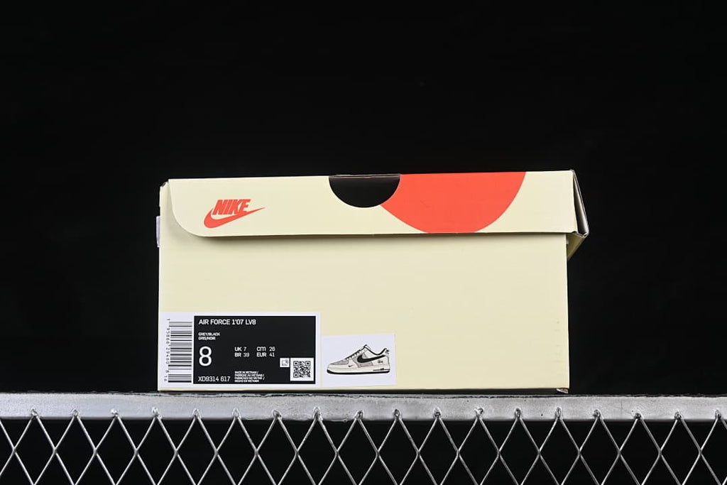Shoe box label identifying Air Force 1 ’07 LV8, size US 8, EU 41, and style XD9314-617.