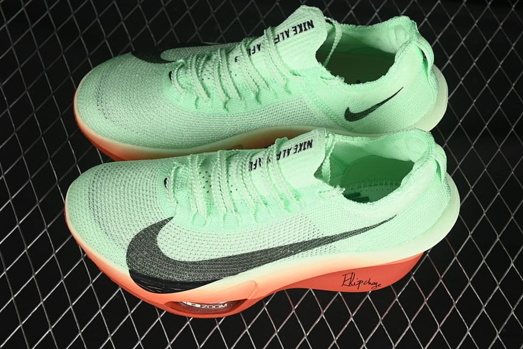 Pair of mint-green Nike Alphafly 3 EK shoes viewed from above