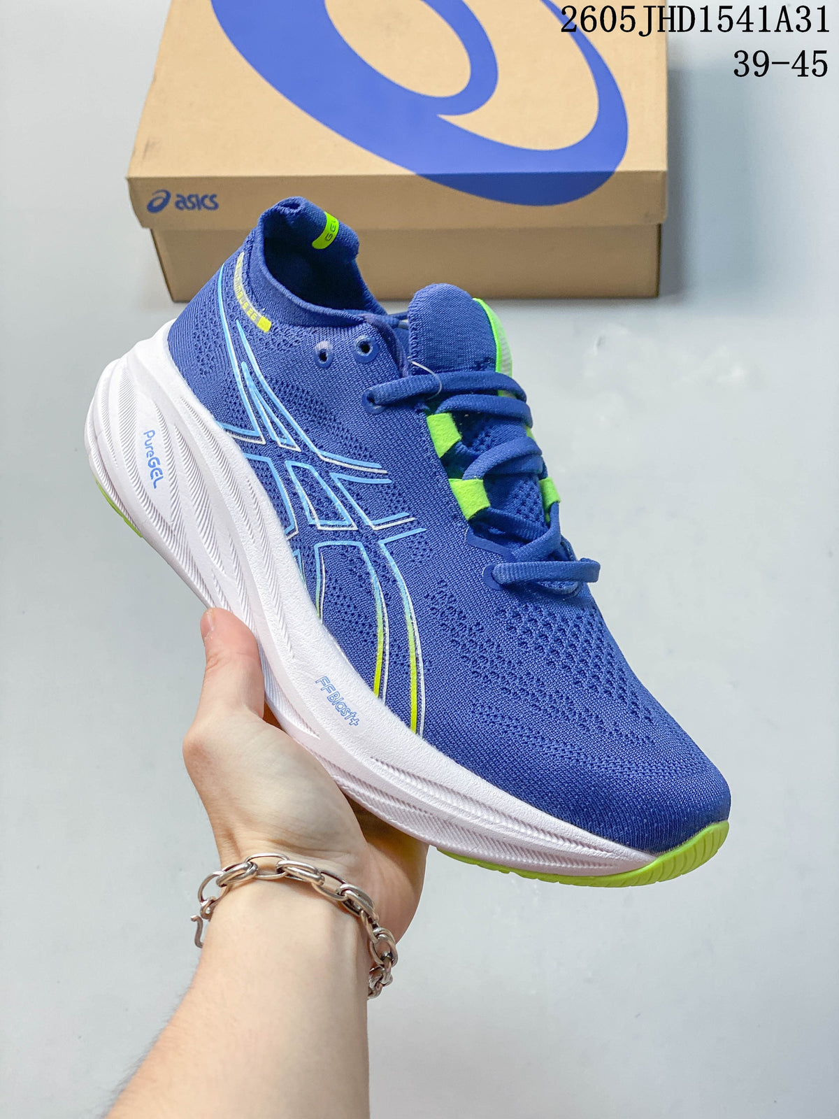 Angled side view of a blue ASICS GEL-NIMBUS 26 running shoe