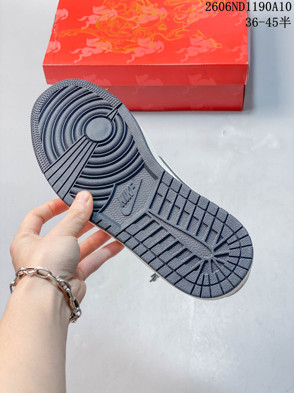 Close-up of the dark outsole tread on the Air Jordan 1 Low