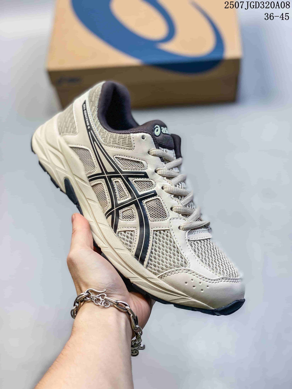 Angled side view of the gray and off-white ASICS Gel-Contend 4 sneaker with navy accents.