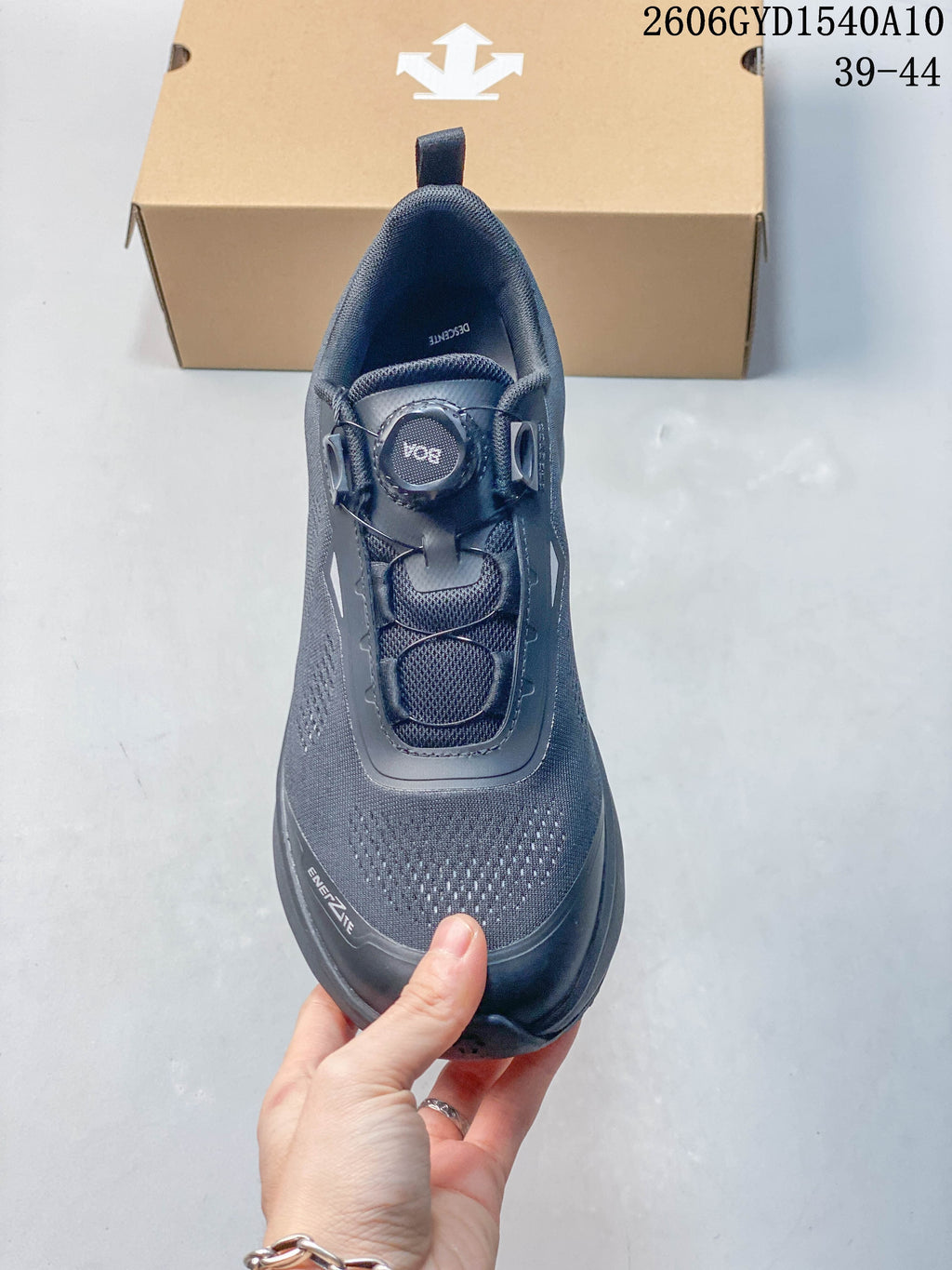 Top view showing the shoe's dial closure and patterned upper