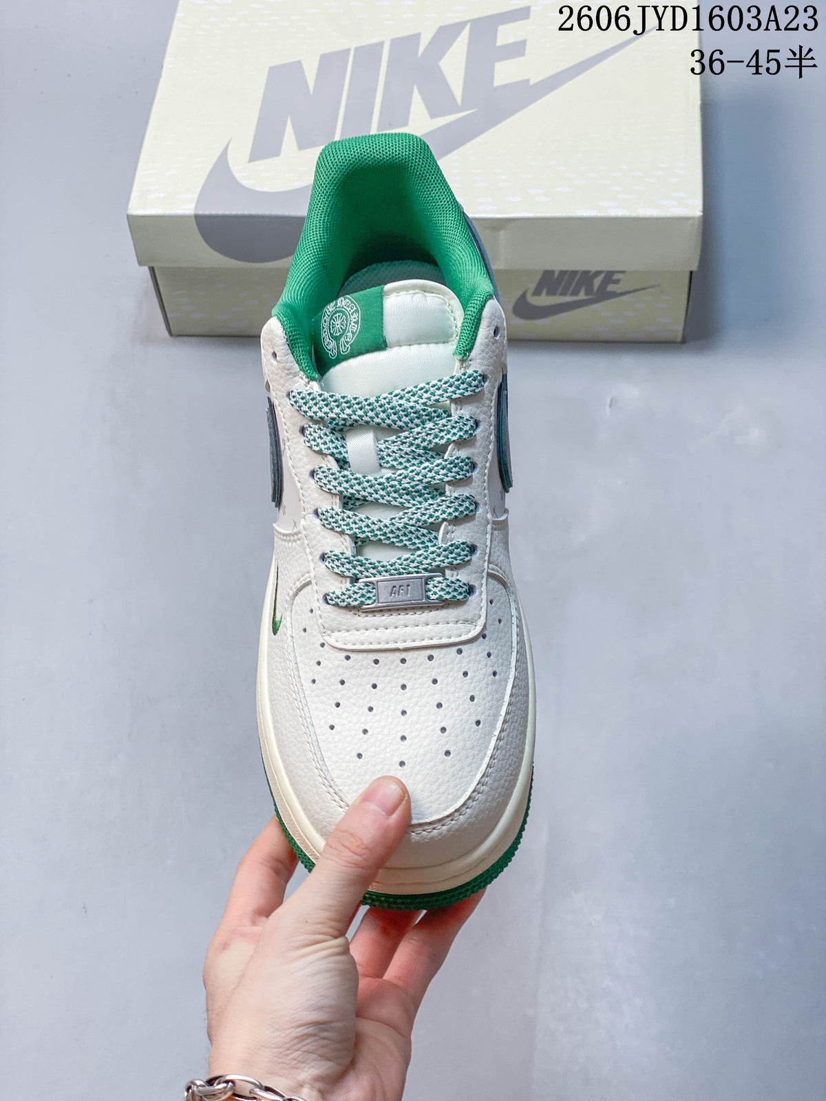 Front view highlighting the perforated toe and patterned laces.