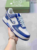 Blue and white low-top sneakers with LABUBU character graphics beside a green LABUBU shoe box; image text shows a size range of 36–45.5.