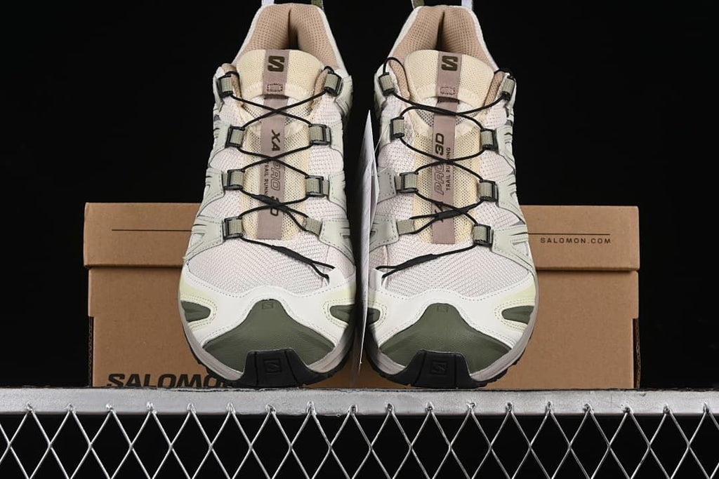 Front view of both shoes with the shoebox behind them.