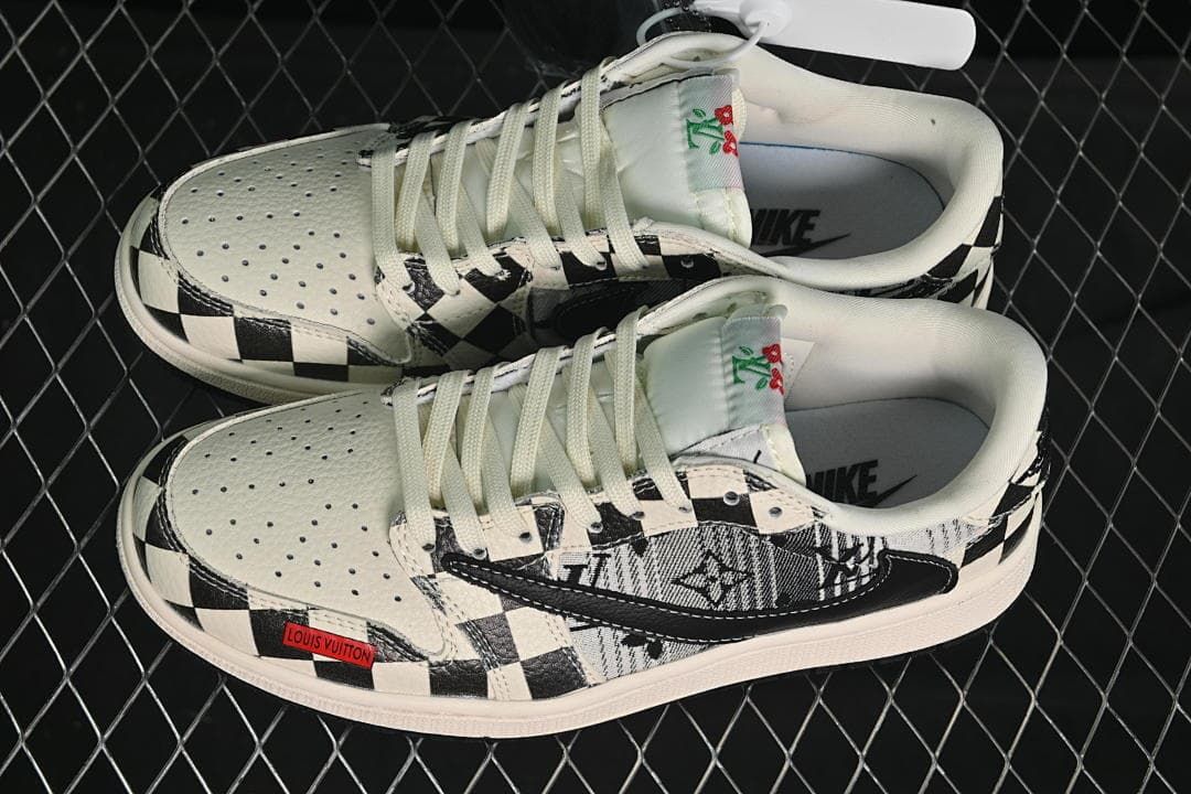 Top view of a pair of low-top sneakers showing perforated toe boxes, light laces, and black-and-white patterned panels.