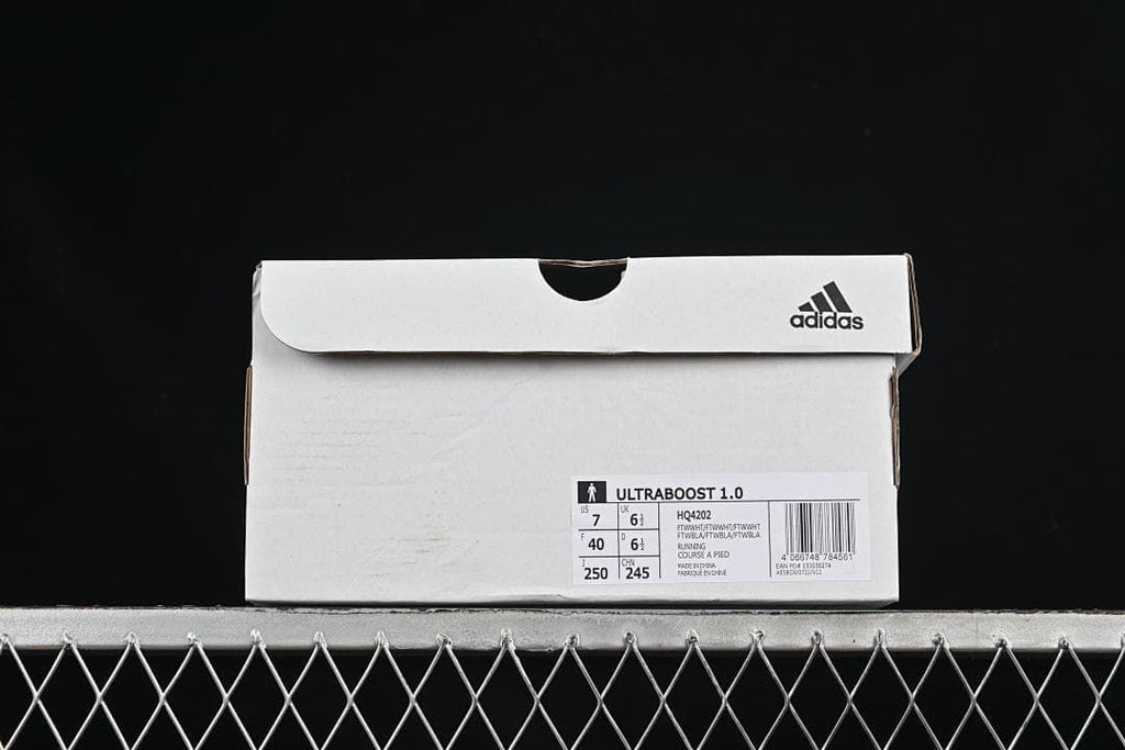 Adidas shoe box label identifying UltraBoost 1.0 and style code HQ4202.