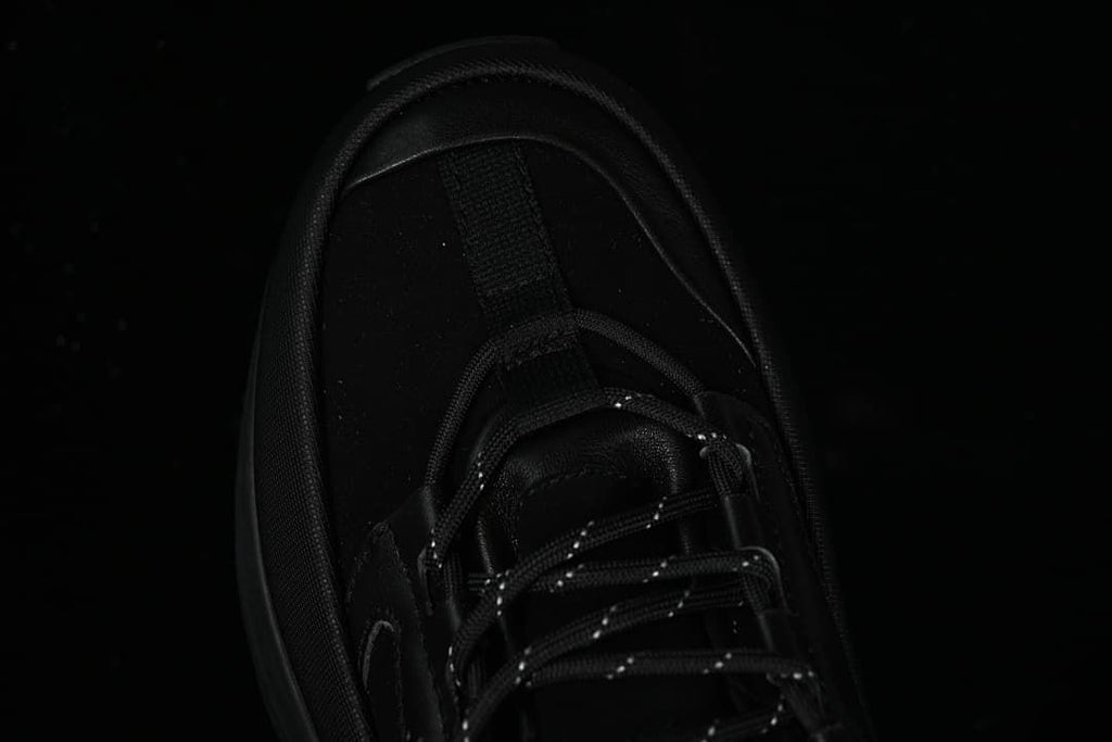 Top-down view of the sneaker's laces and toe
