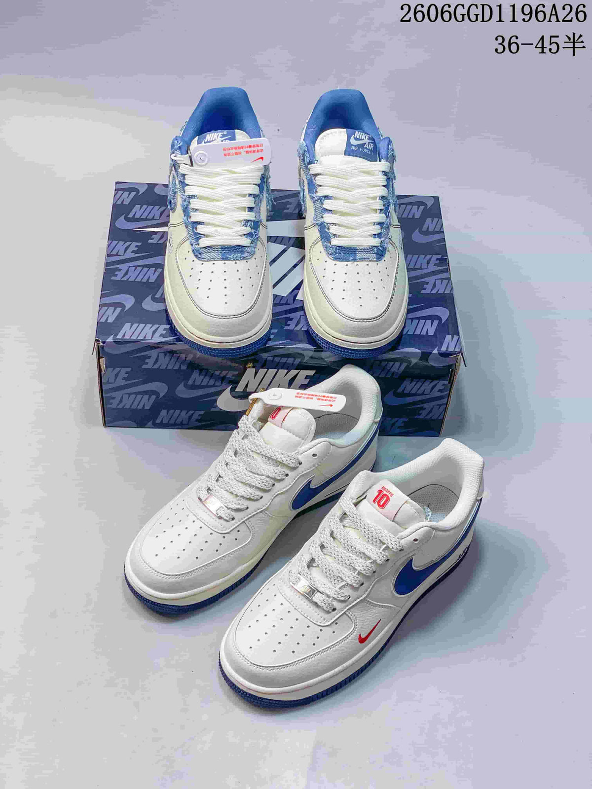 Several views of white low-top sneakers with blue accents; image also displays product code 2606GGD1196A26 and size notation 36–45.5.