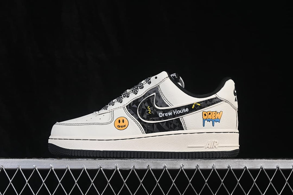 Side profile of the sneaker with patterned panel and colorful graphic details