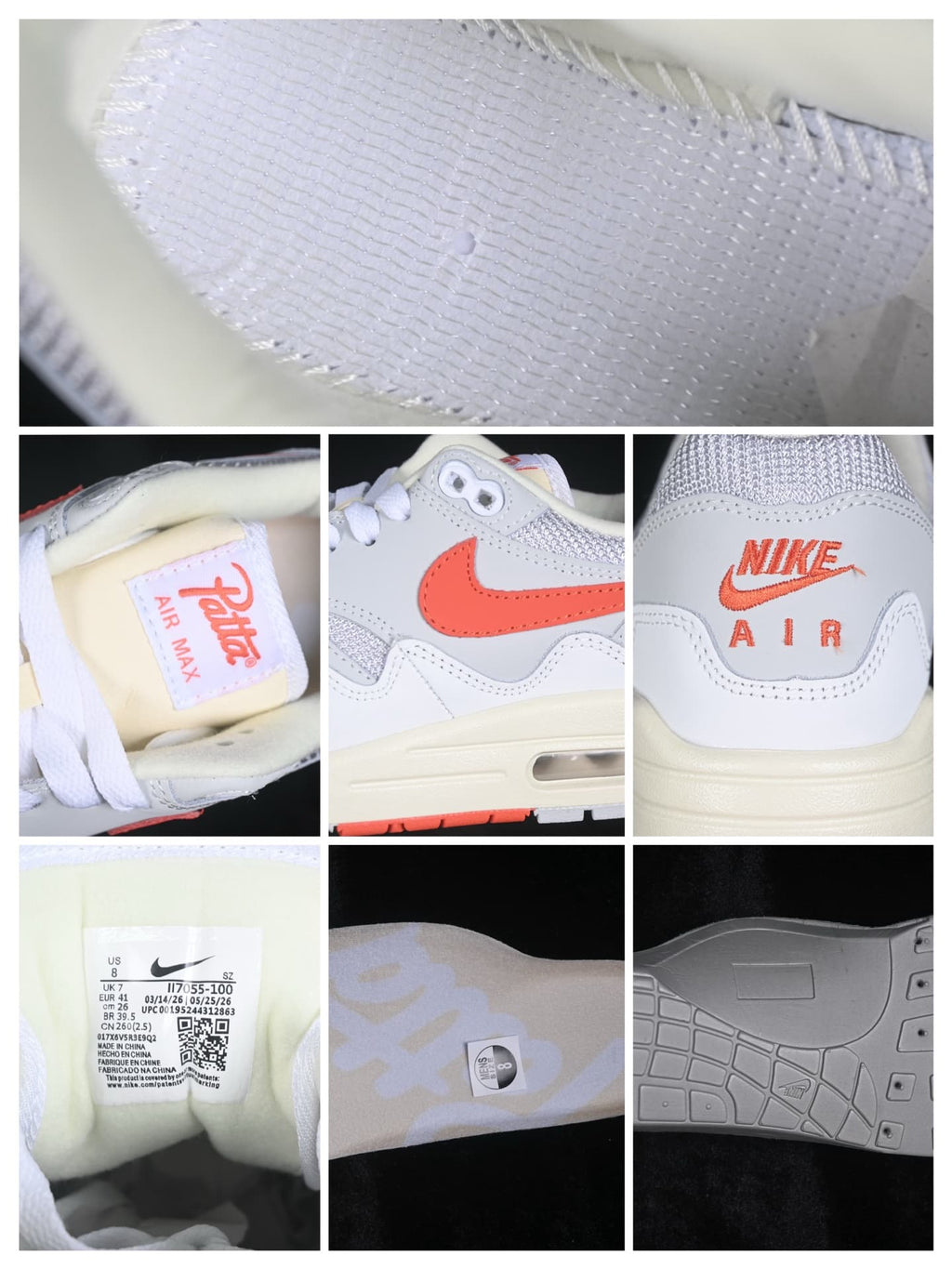 Detail collage showing mesh texture, Patta tongue branding, orange Swoosh, Nike Air heel branding, product label, insole mark, and outsole tread.
