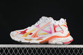 Side view of white Balenciaga Runner sneakers with red, pink, orange, and yellow accents