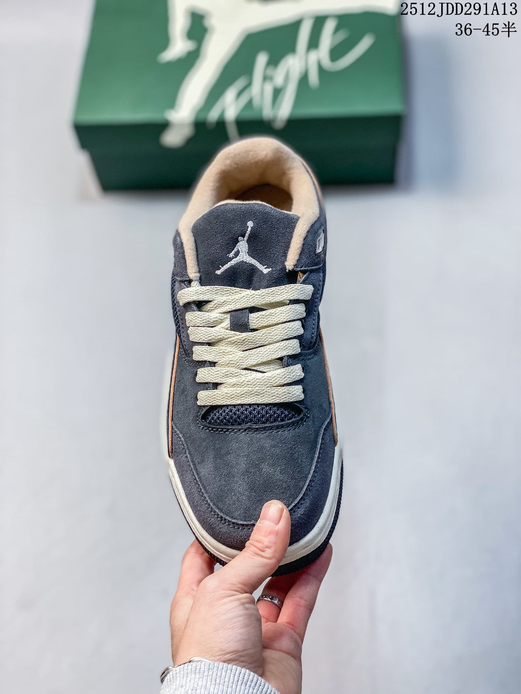 Front view of a Jordan Flight Court ATE sneaker with cream laces and a Jumpman tongue logo