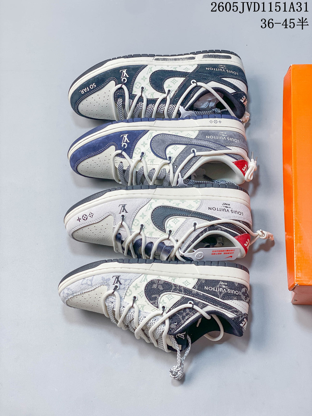 Four low-top sneakers in cream, gray, and navy color combinations arranged beside an orange box.