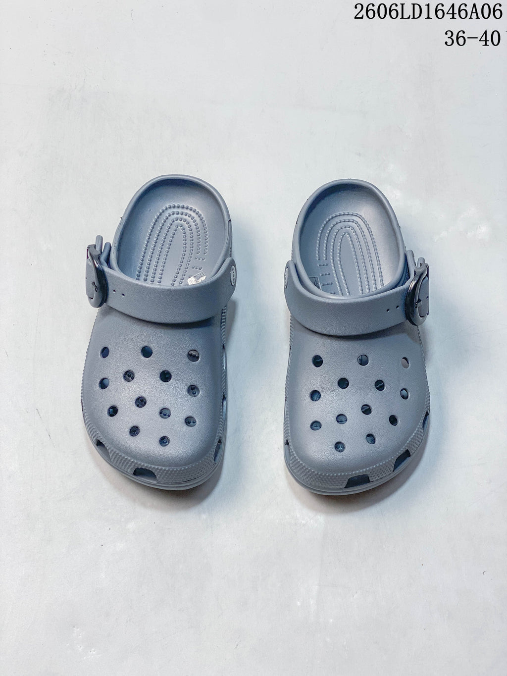 Pair of gray Crocs Classic Clogs viewed from above, with ventilation holes and heel straps; image also displays size range 36–40.