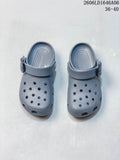 Pair of gray Crocs Classic Clogs viewed from above, with ventilation holes and heel straps; image also displays size range 36–40.